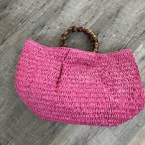 Tuckernuck Pink Raffia Handbag with Bamboo Handles